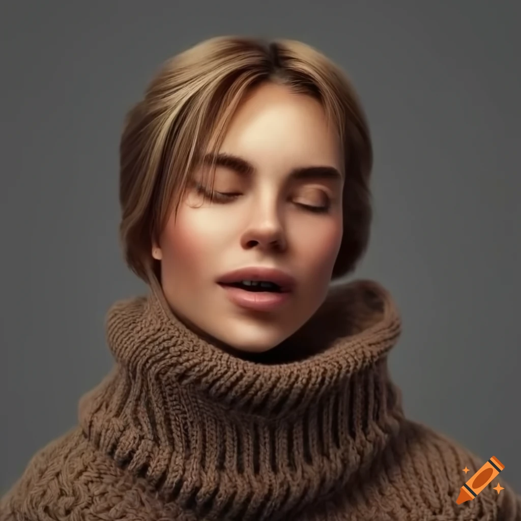 Smiling woman in a chunky knit turtleneck sweater