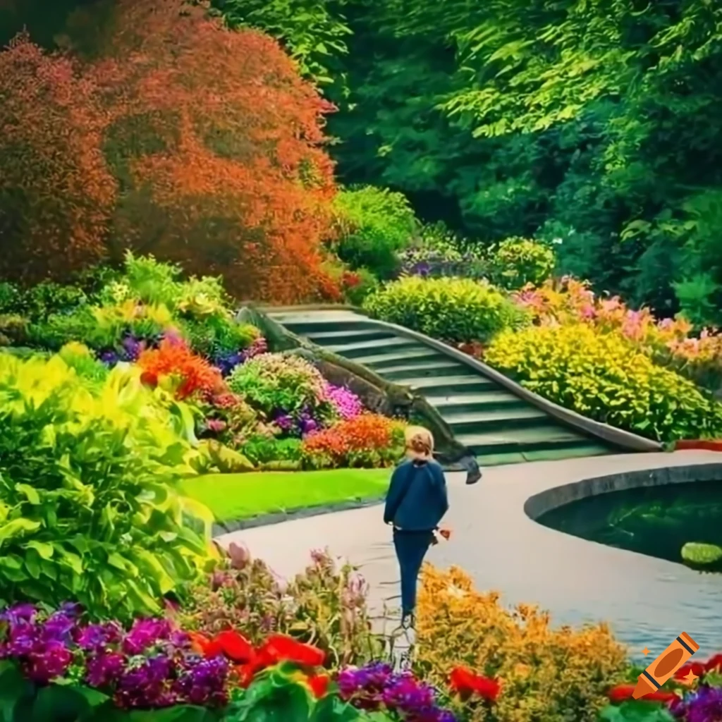 vibrant garden with blooming flowers and curved stairs
