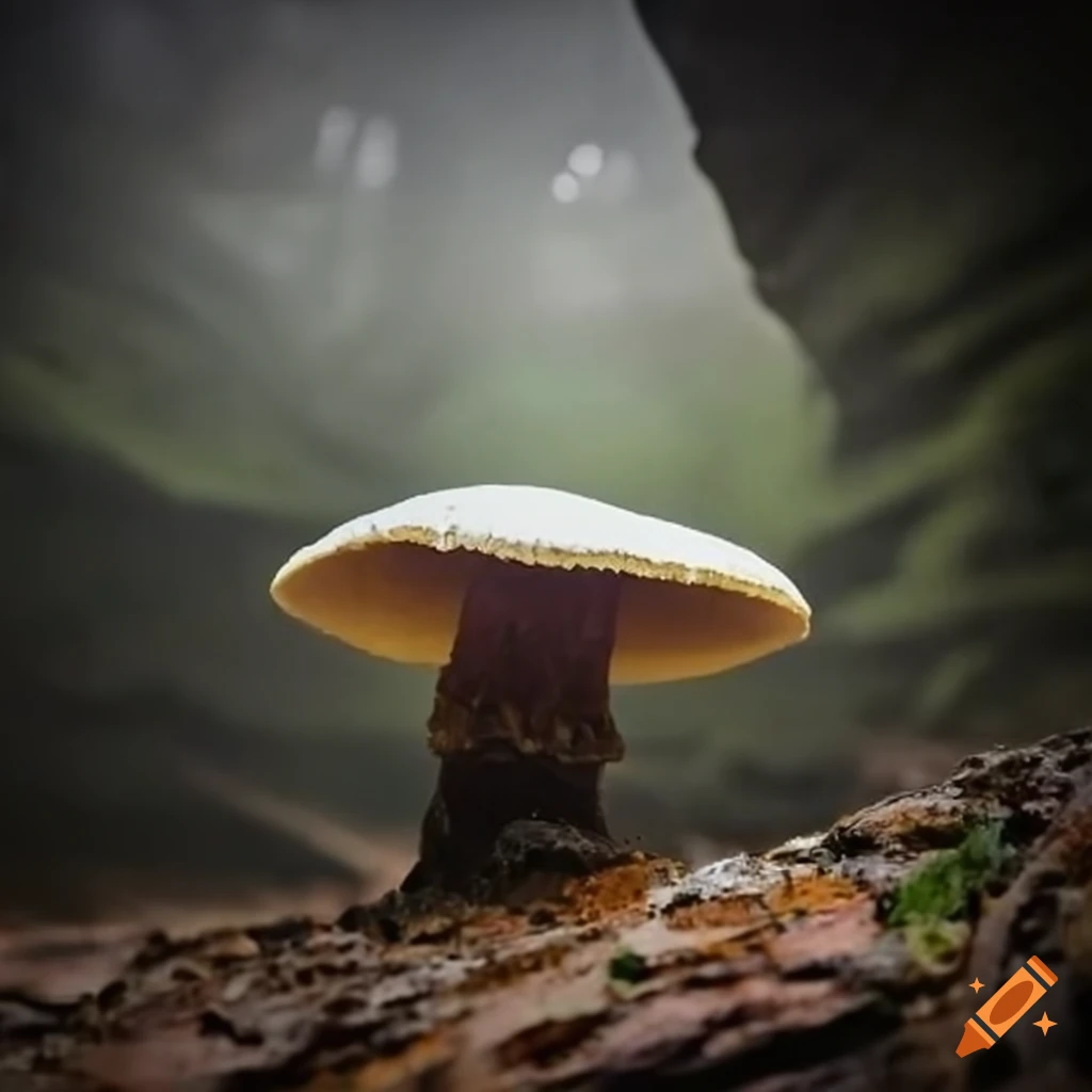 close-up of a realistic death cap mushroom in a dimlit cave