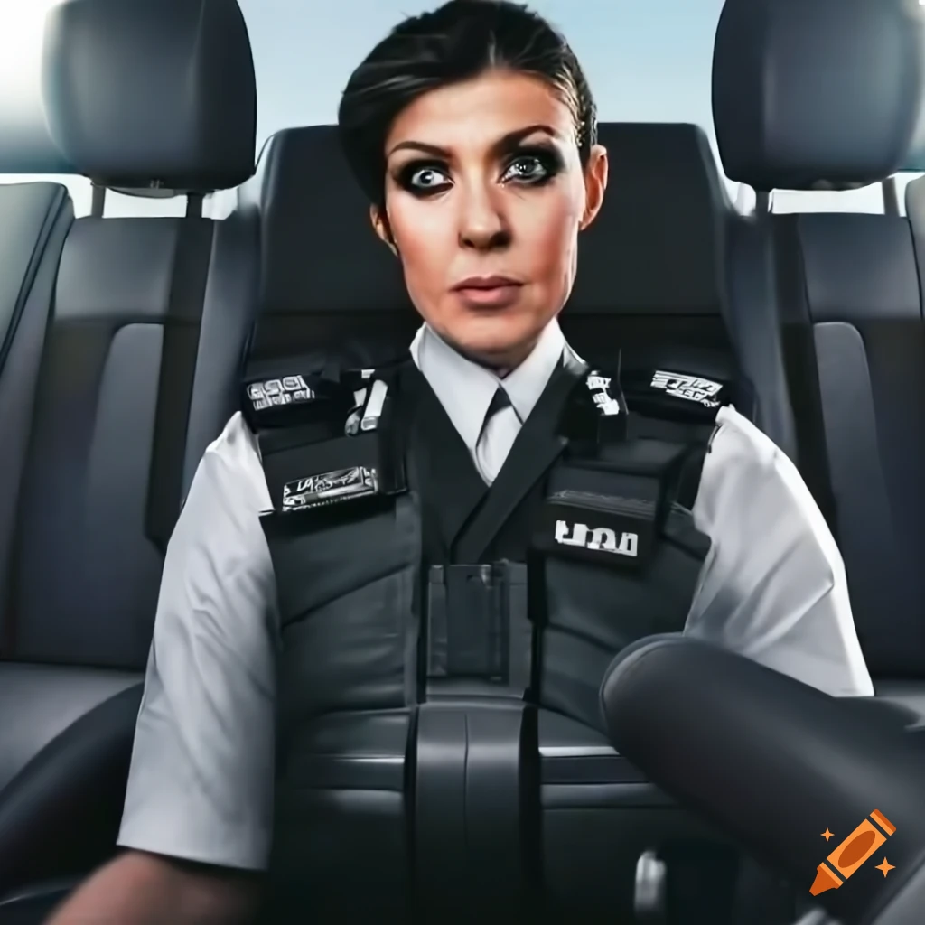 Hyperrealistic Painting Of A Policewoman Sitting In A Police Car On Craiyon
