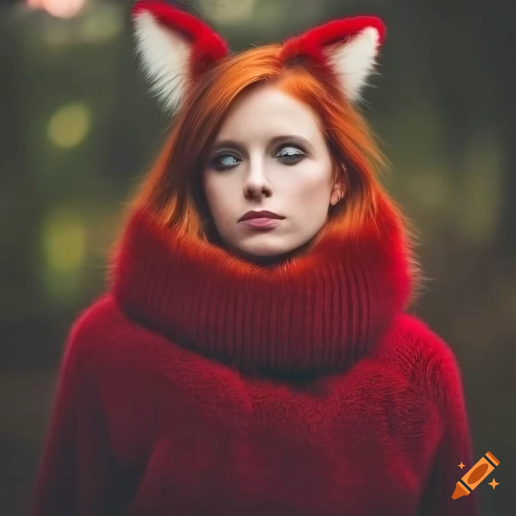 Woman with green eyes and red hair wearing fox ears and fur pullover on