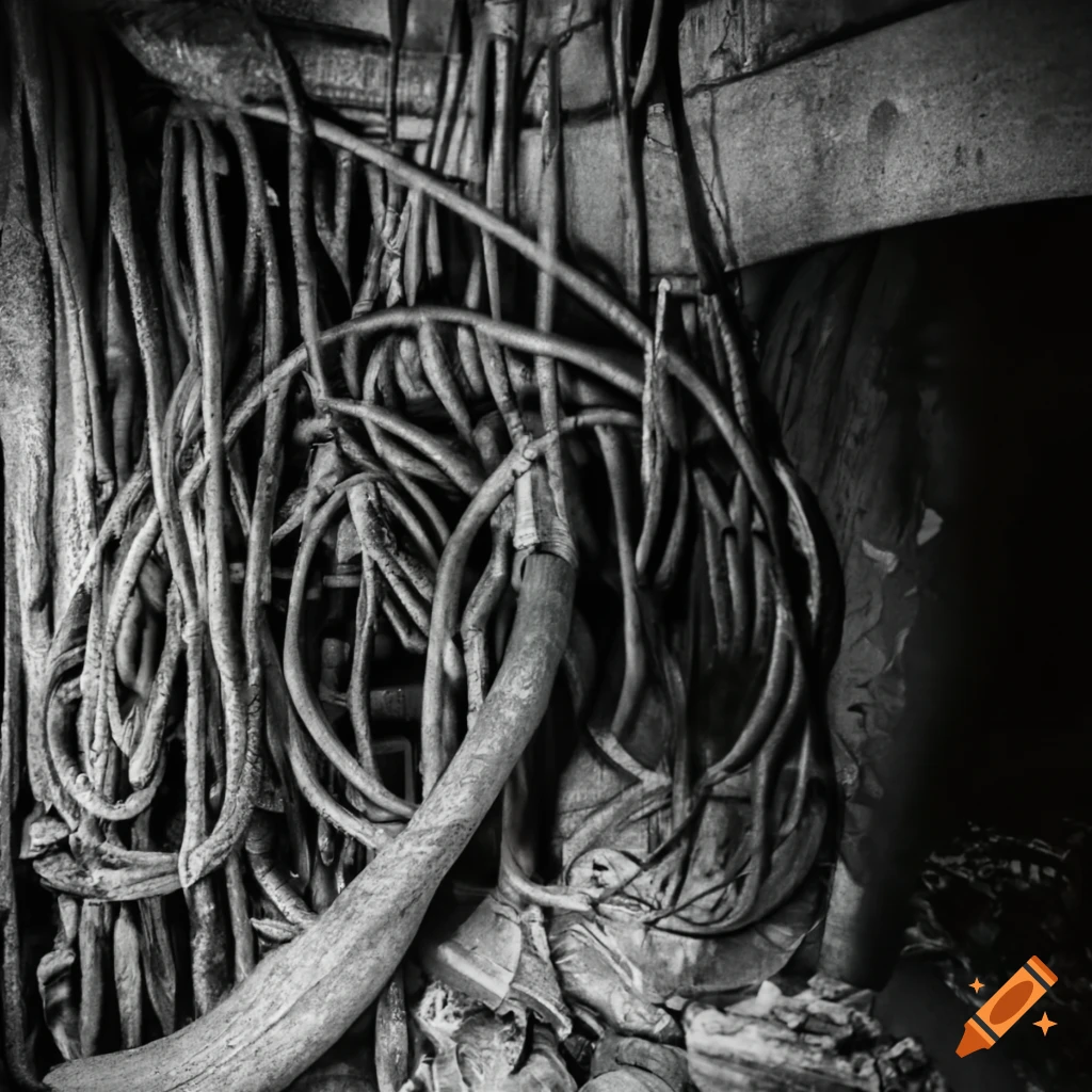 Complex network of cables and pipes