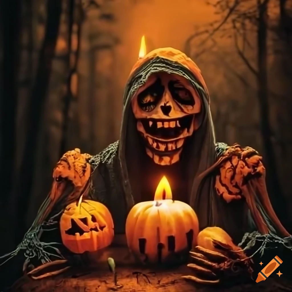 animated Halloween pumpkin with candles and skeletons