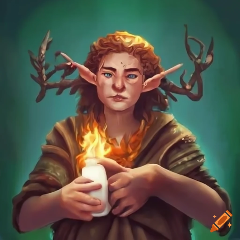 Firbolg druid conjuring fire with bottle of milk