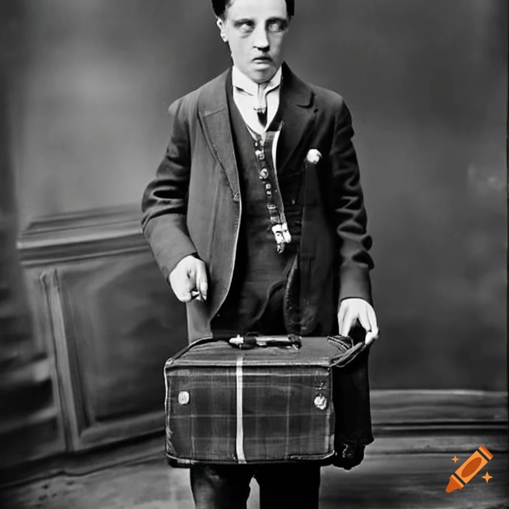 Buster Keaton holding a plaid suitcase