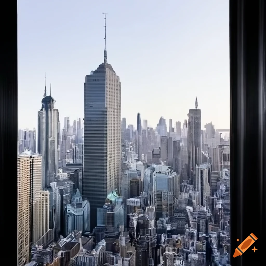 Cozy penthouse with a view of a futuristic city skyline on Craiyon