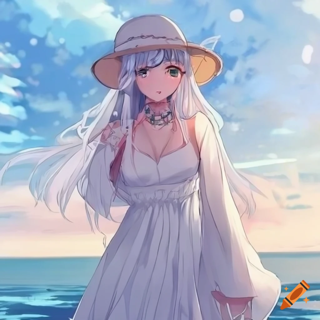 Anime woman wearing white sundress and sunhat on Craiyon