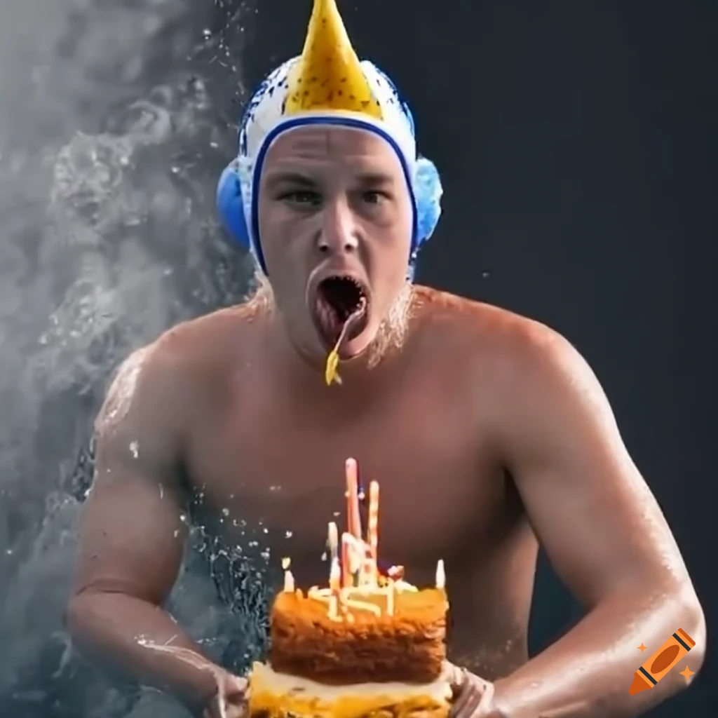 Water polo player celebrating with a cake