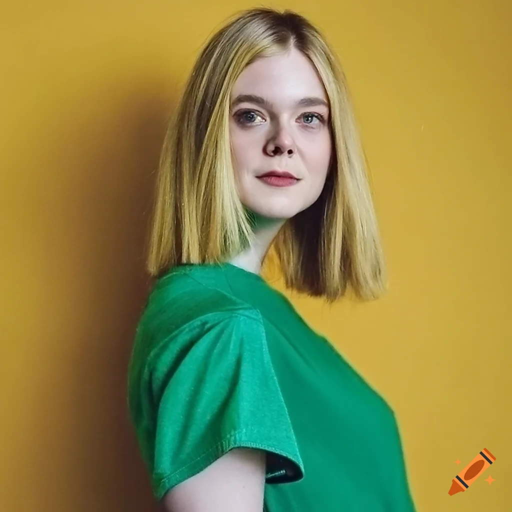 elle-fanning-with-a-straight-bob-haircut-and-green-t-shirt-on-craiyon