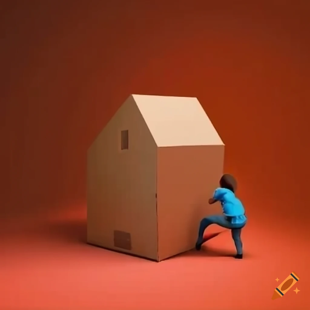 cargo delivery boy trying to fit a house in a box