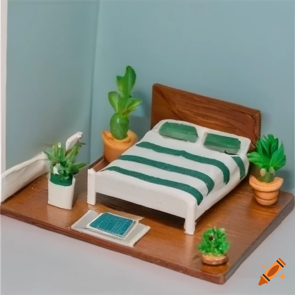 isometric view of a bedroom filled with potted plants