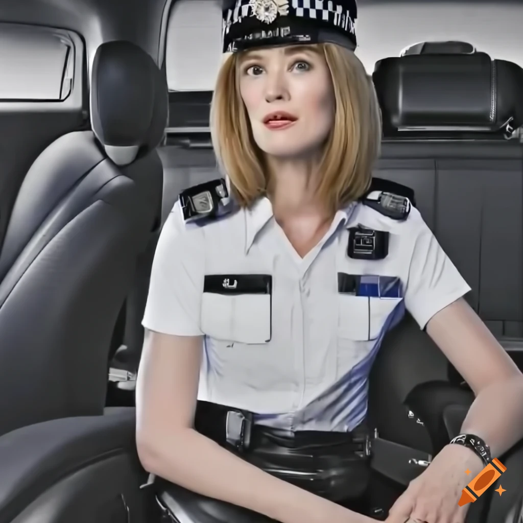 hyperrealistic portrayal of a British policewoman in a police car