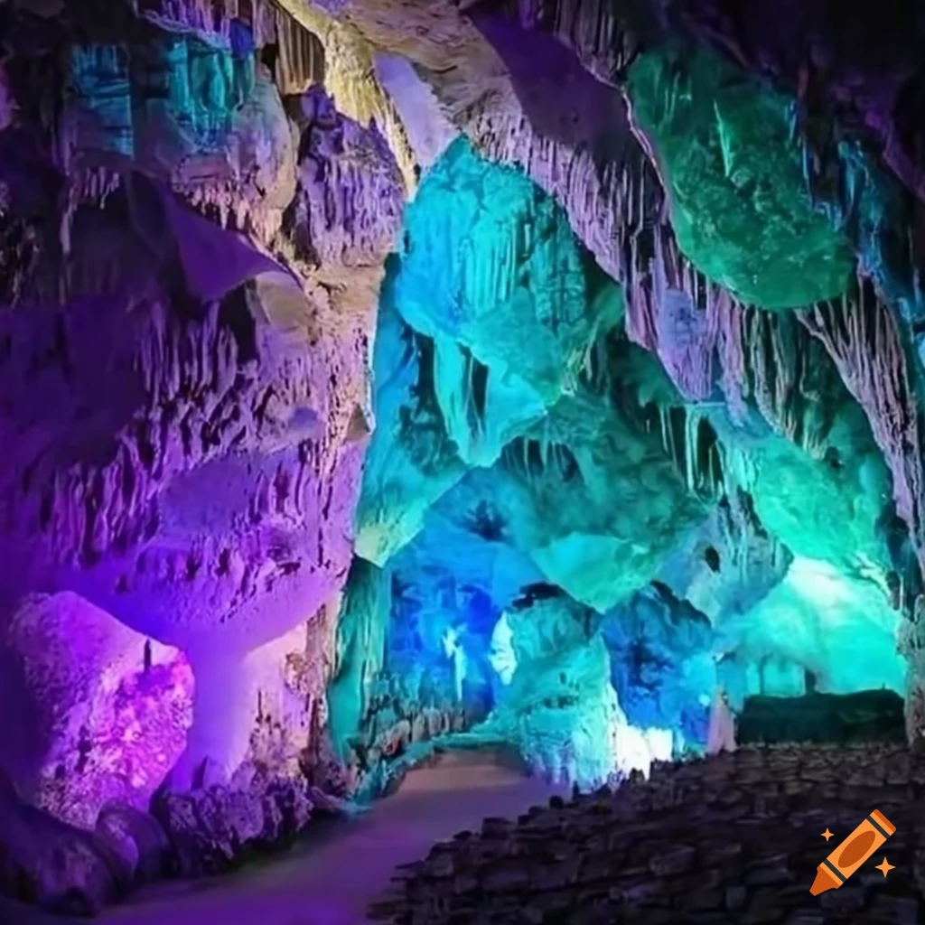 Shimmering gemstones in an underground cave on Craiyon