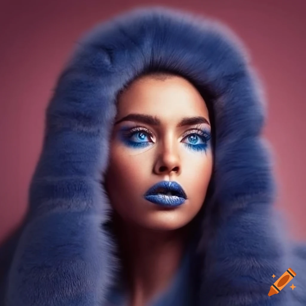 Exotic woman with blue eyes wearing a fur pullover on Craiyon
