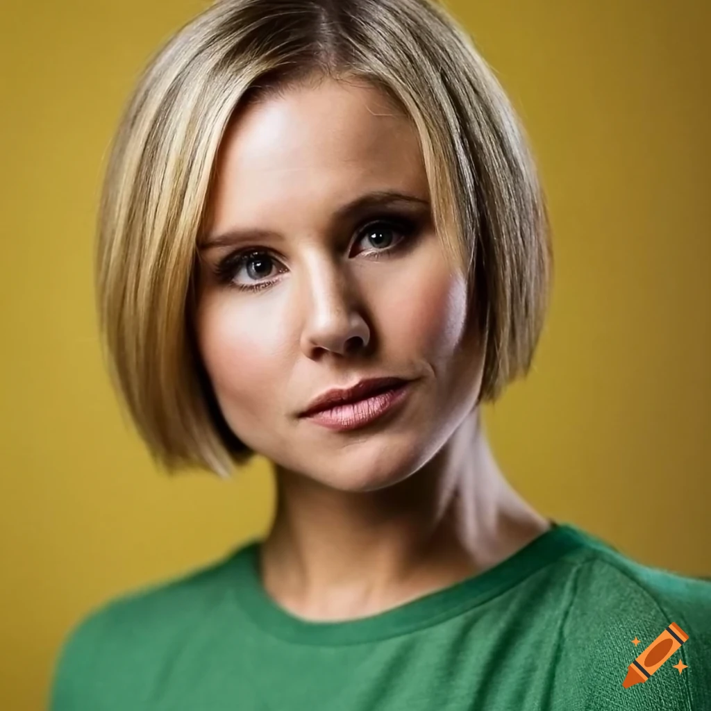 Kristen Bell with straight bob haircut and green t-shirt
