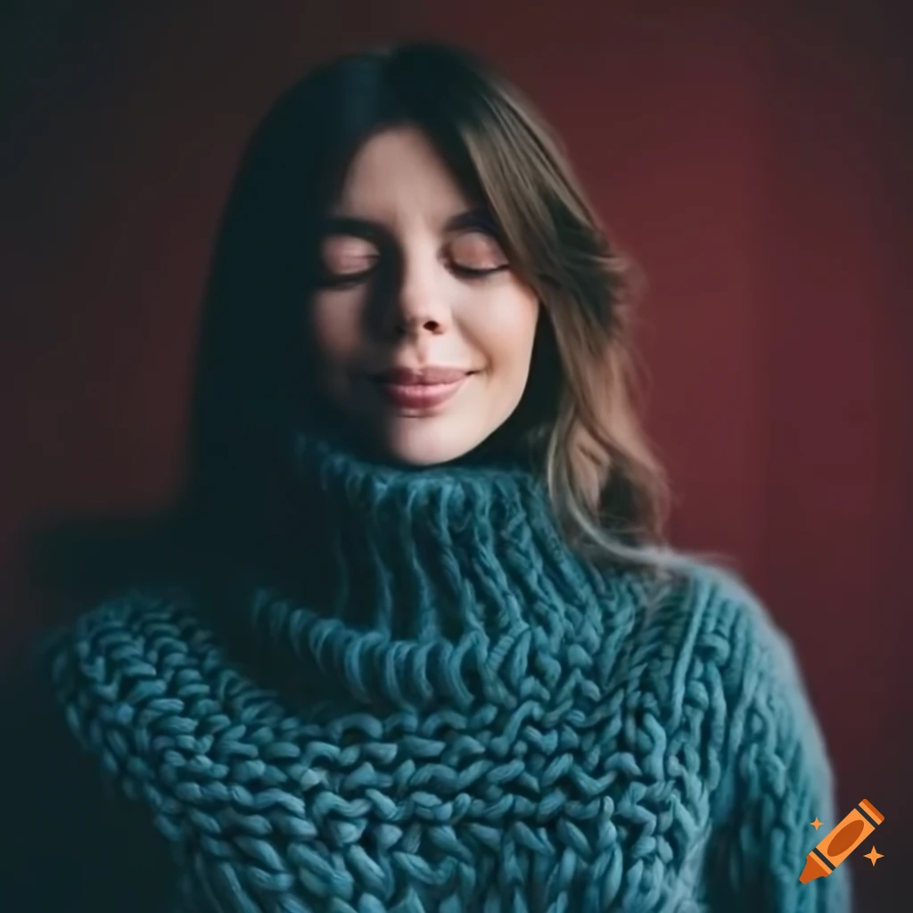 Woman in a cozy knit turtleneck sweater on Craiyon