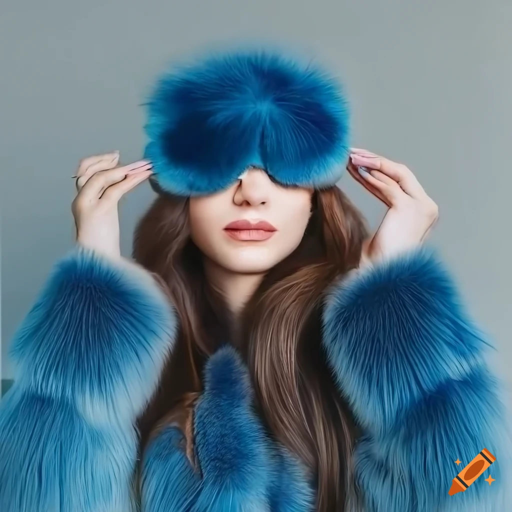 Woman in a luxurious fur coat with a blue sleep mask