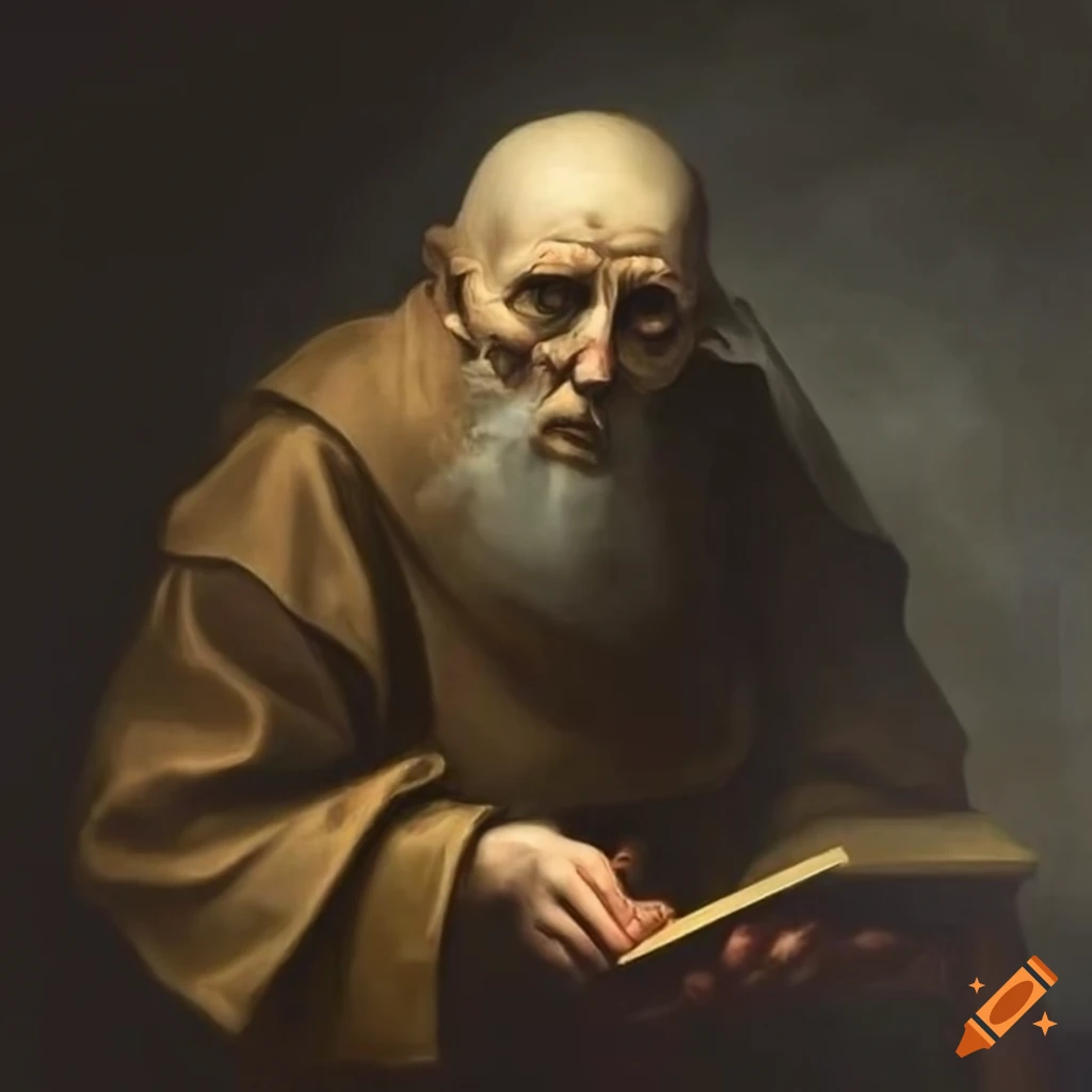 dark baroque painting of ghostly monk pointing downwards