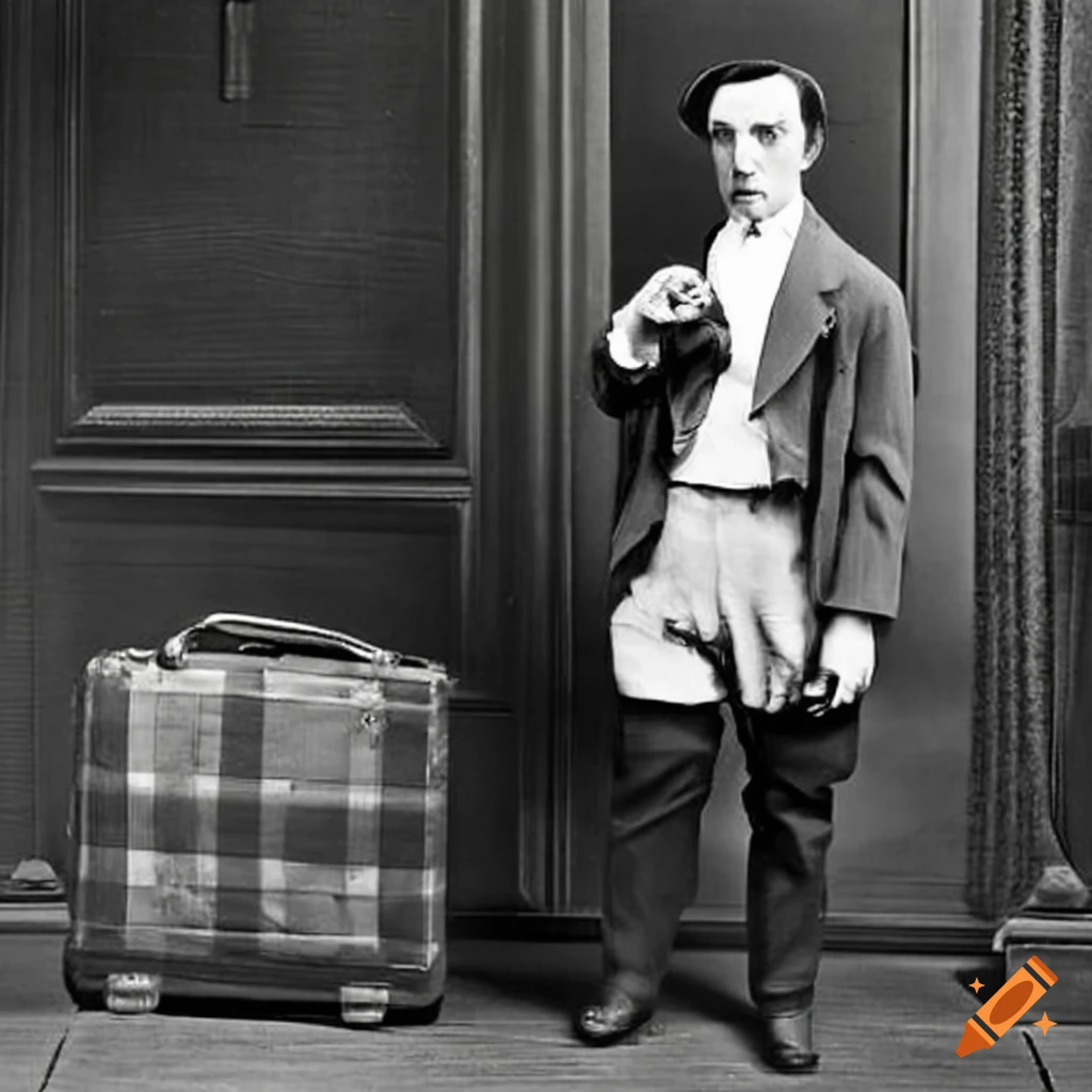 vintage image of Buster Keaton with plaid suitcase