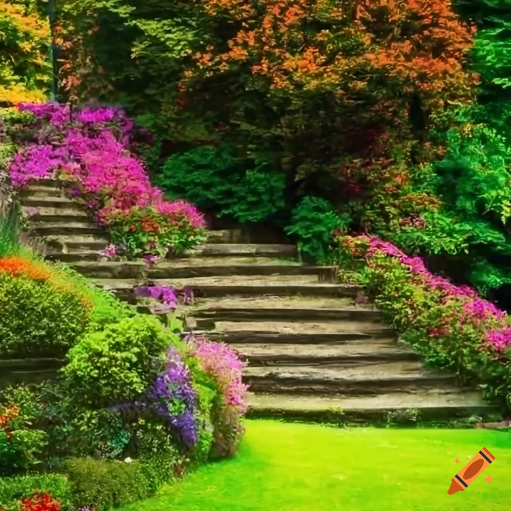 vibrant garden with blooming flowers and a lake side