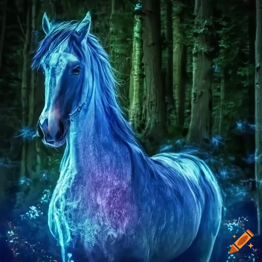 image of a majestic horse with blue flames in a magical woodland