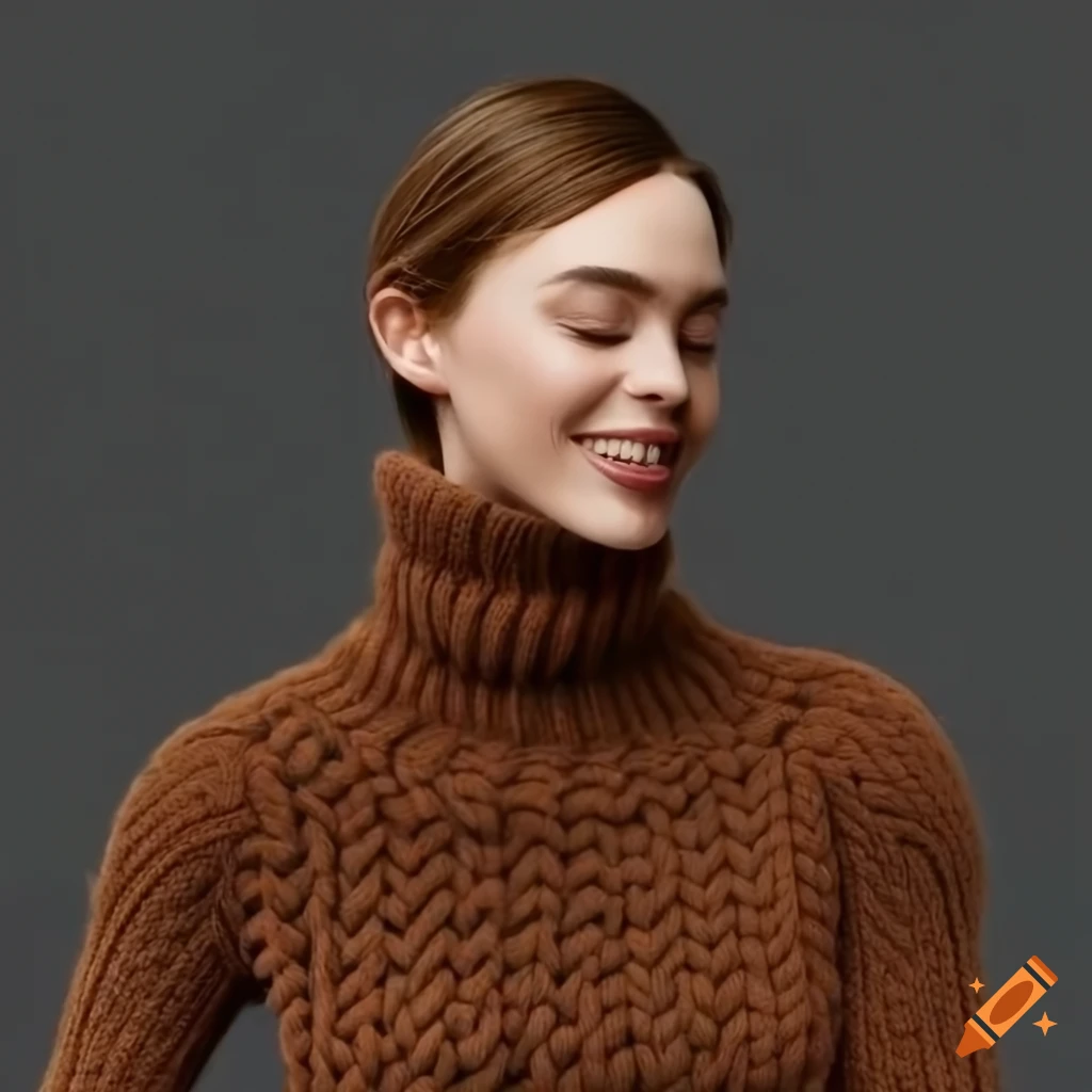 Woman in a cozy turtleneck sweater with closed eyes and a smile on Craiyon