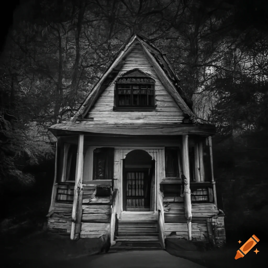 black and white horror house image
