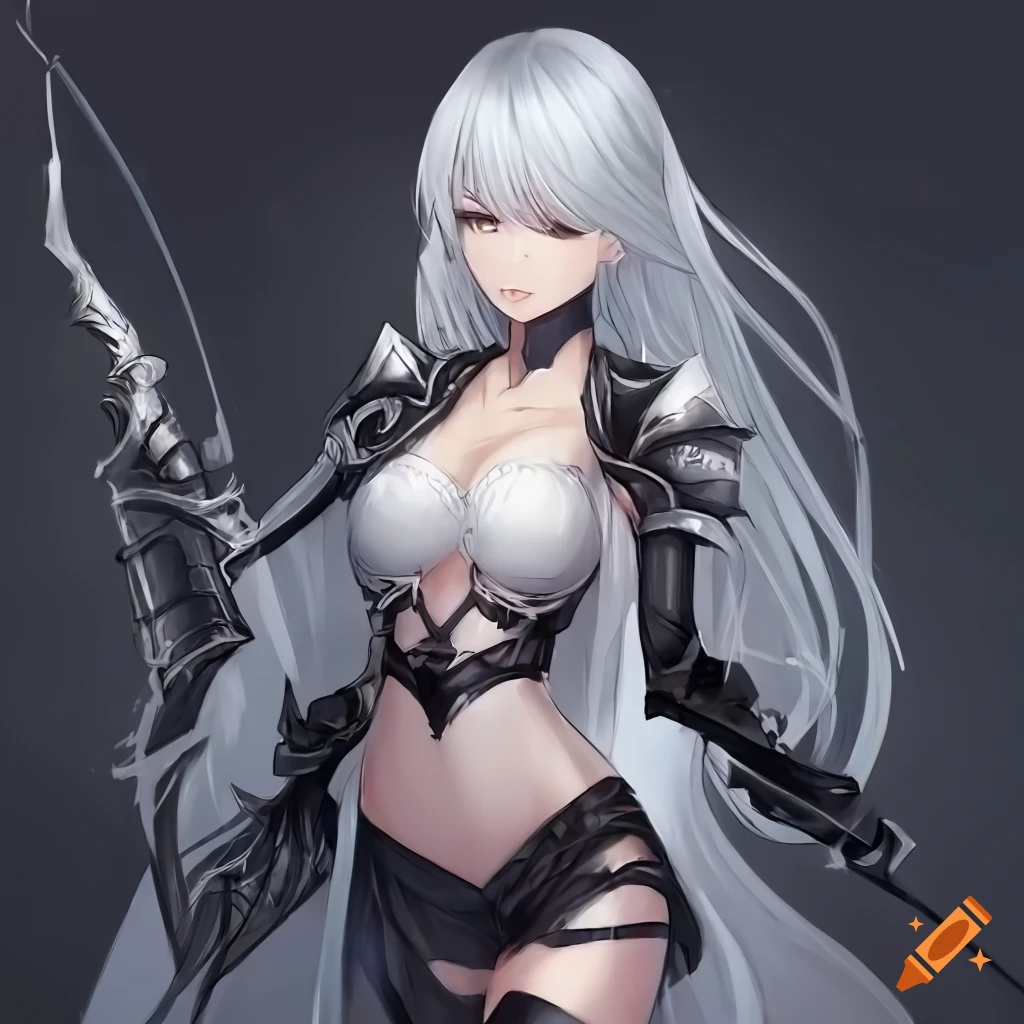 anime woman with long white hair and fantasy black leather archer armor