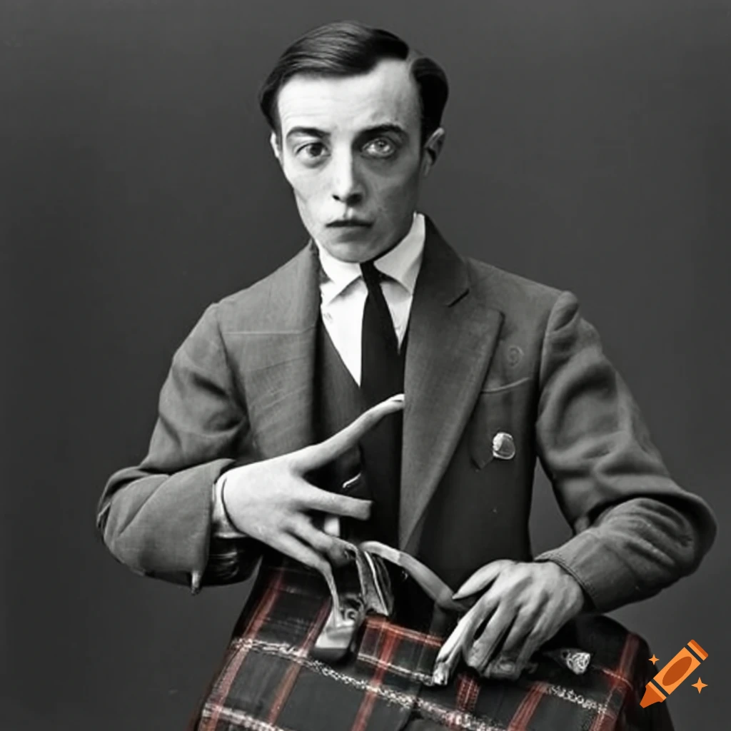 vintage photo of Buster Keaton holding a plaid suitcase