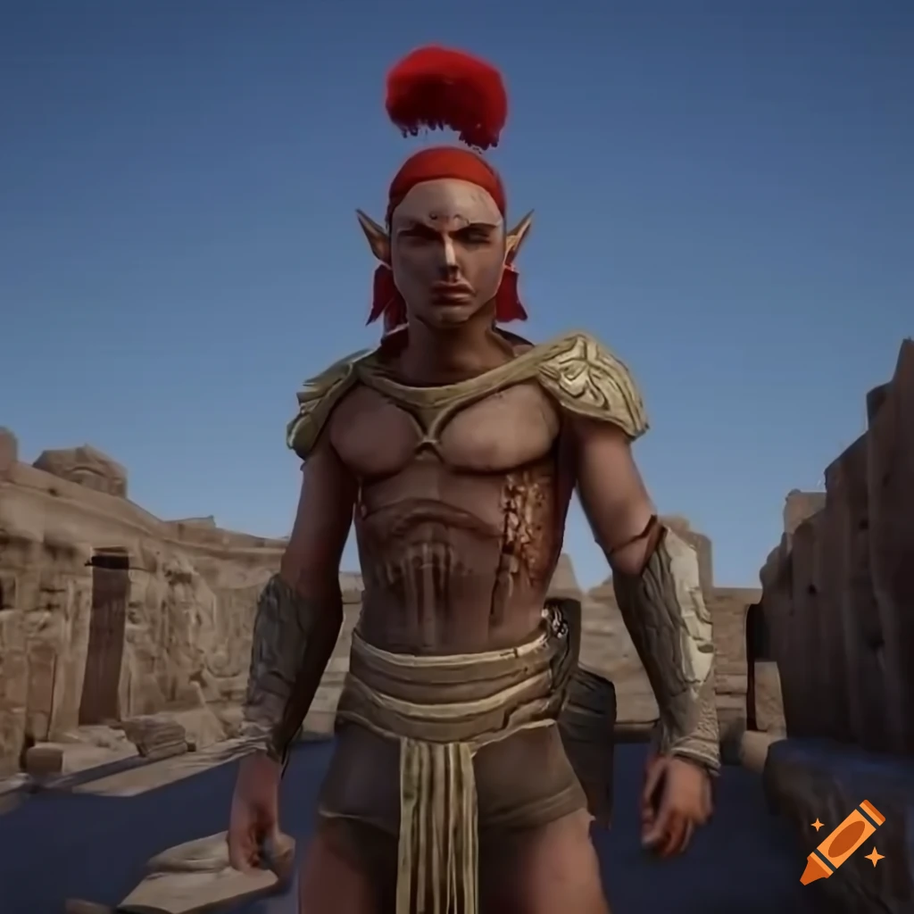render of a pale-skinned elf warrior with red eyes and red ponytail