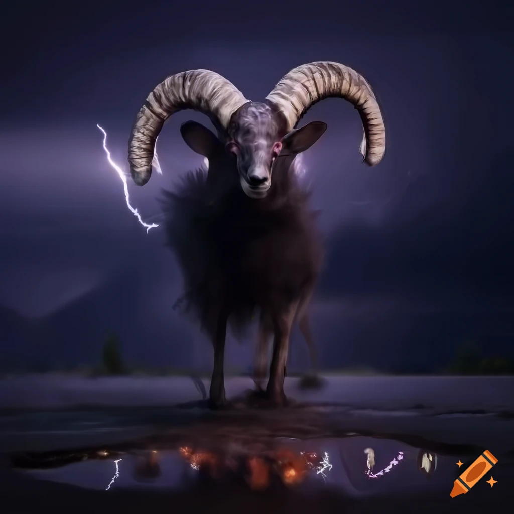 image of a demonic ram in a stormy sky