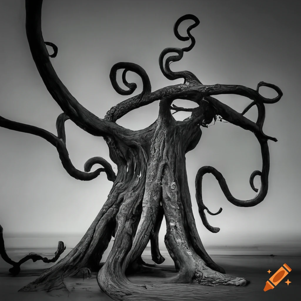 surreal tree sculpture resembling an octopus