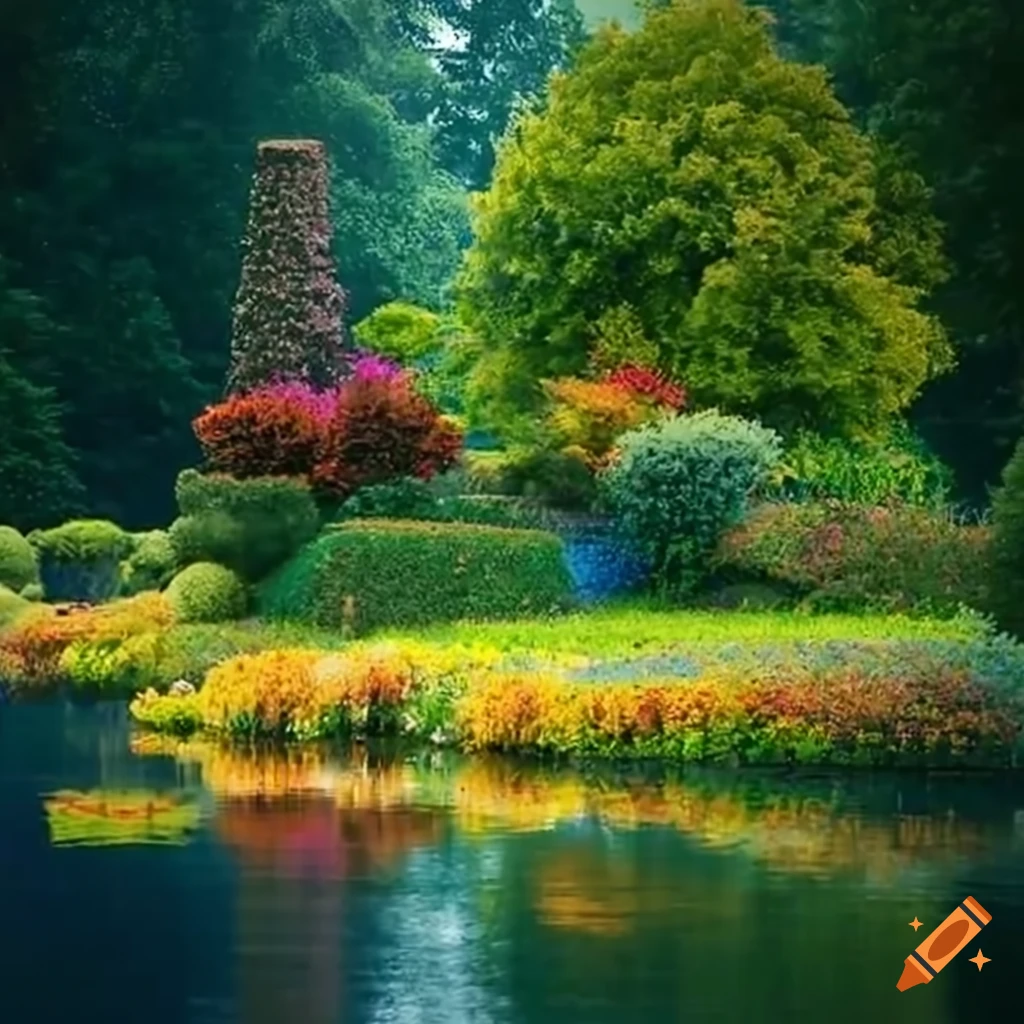 vibrant garden with blooming flowers near a lake