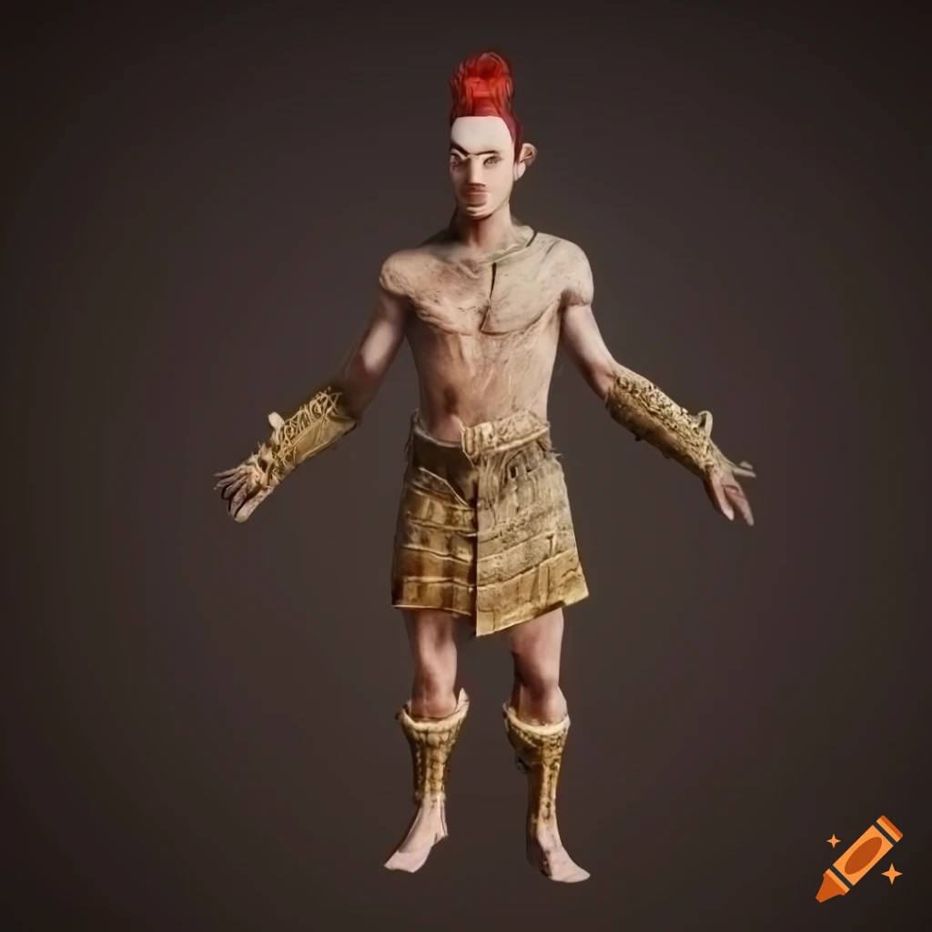 render of a pale-skinned elf warrior with red eyes and red ponytail