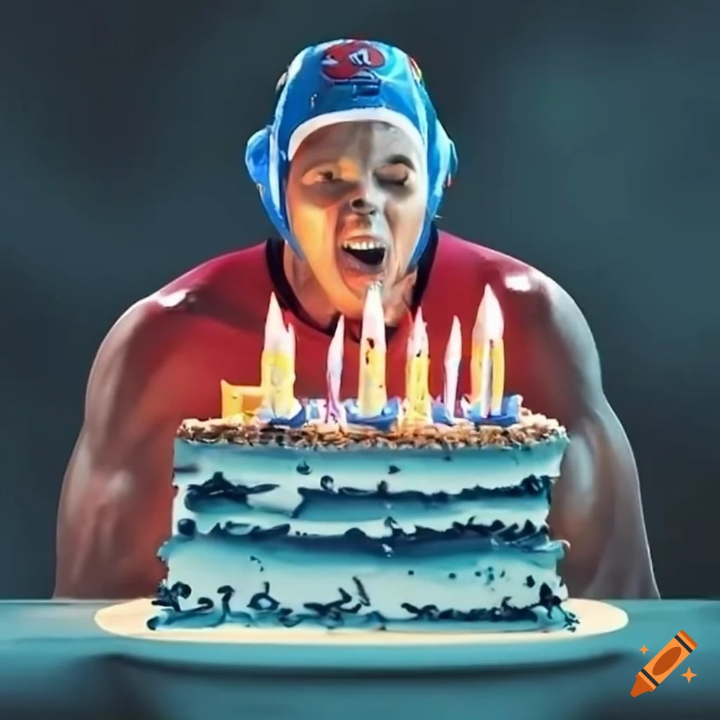 water polo player celebrating with a birthday cake