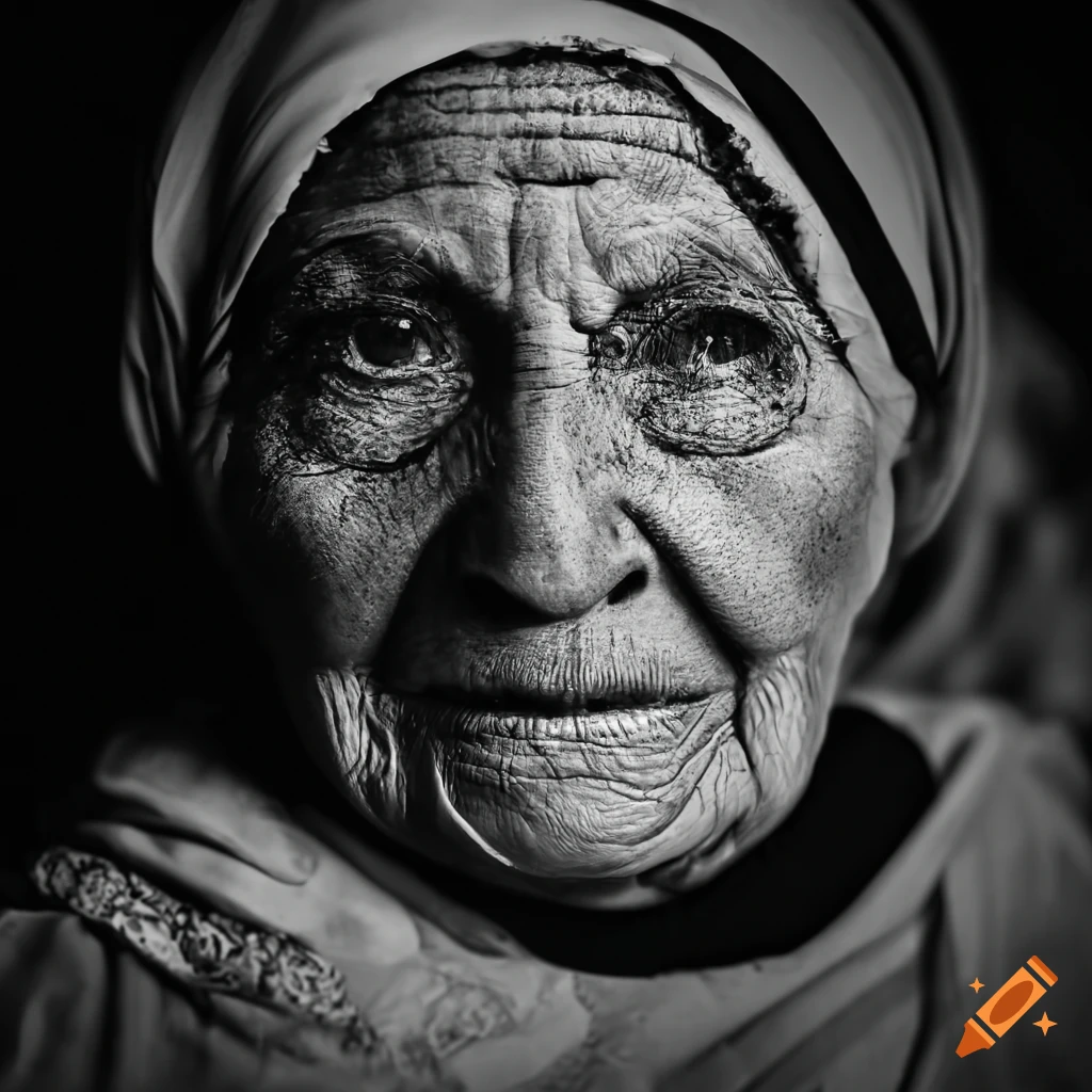 black and white portrait of determined elderly Palestinian woman