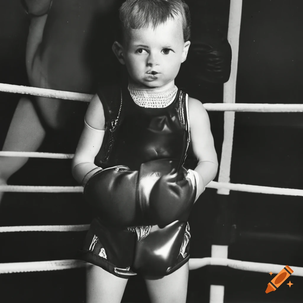 Vintage photo of two boys in boxing shorts standing in a ring