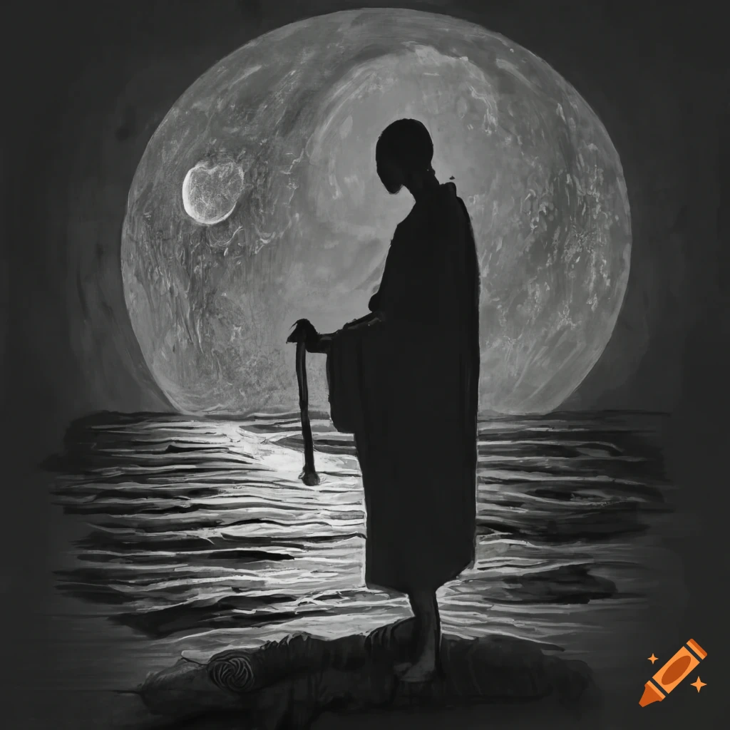 image of a monk in a serene garden under two moons