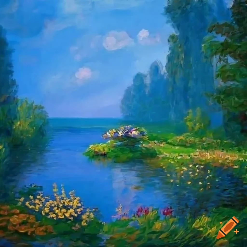 Monet s blue landscape with a family near the lake on craiyon