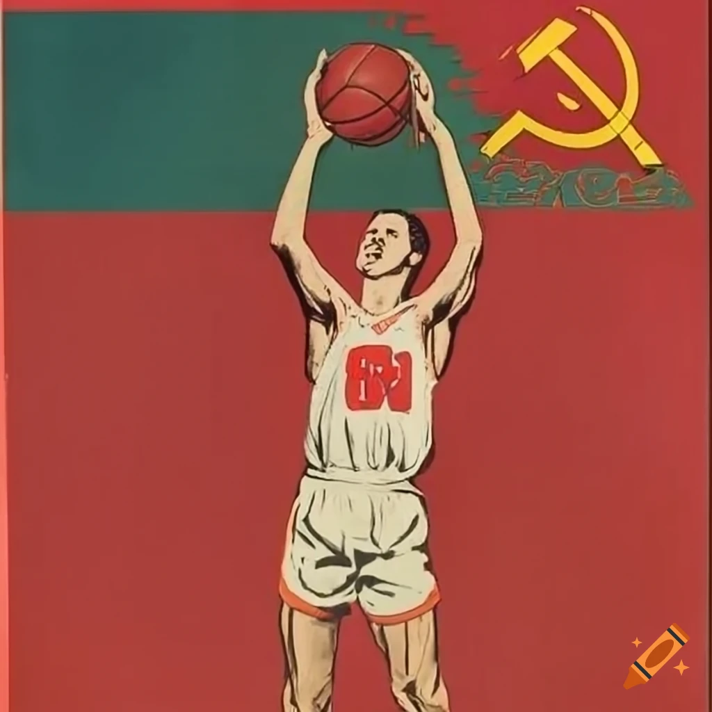 Vintage propaganda poster with basketball players and soviet flag on Craiyon