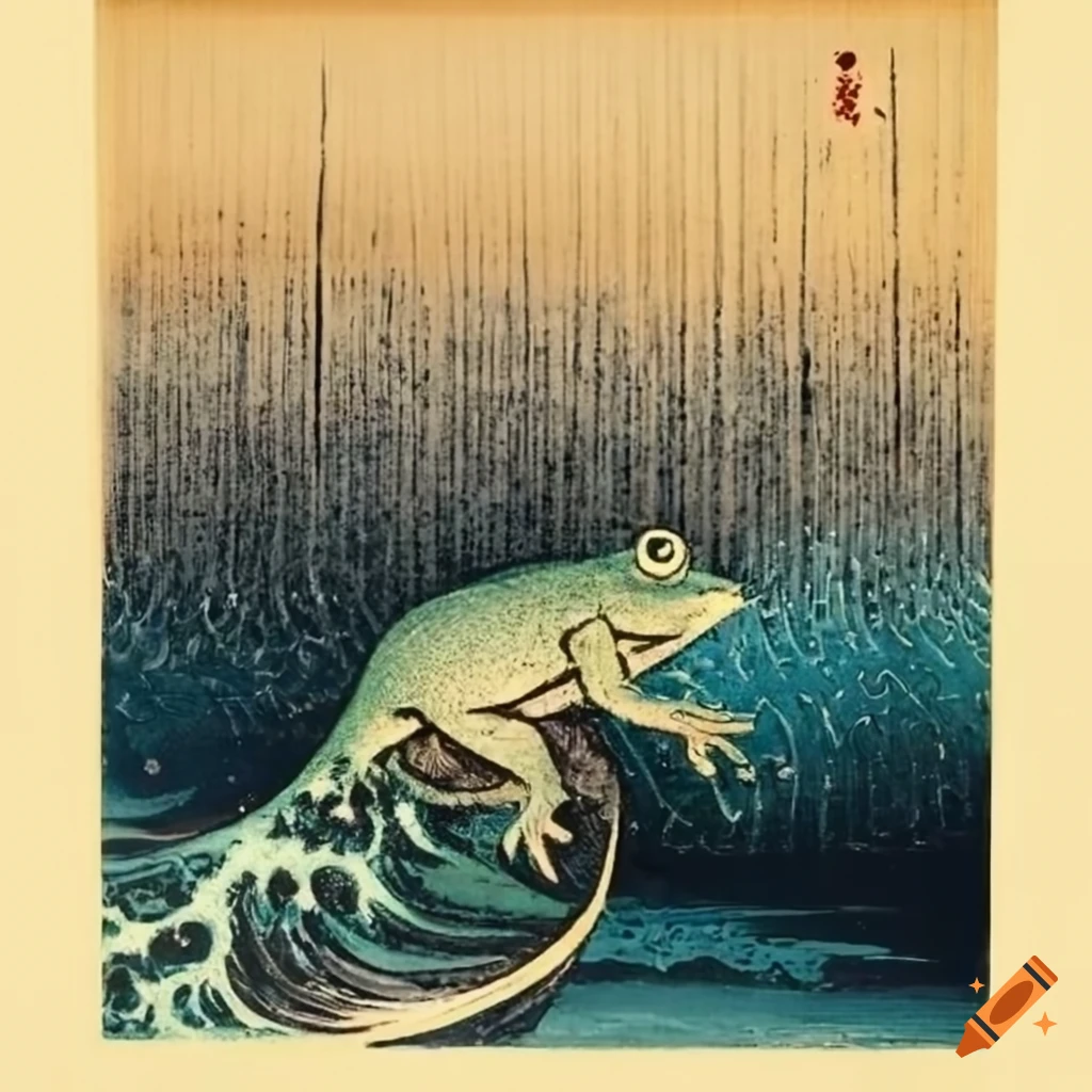 Japanese ink woodblock painting of a leaping frog in a tranquil pond on ...