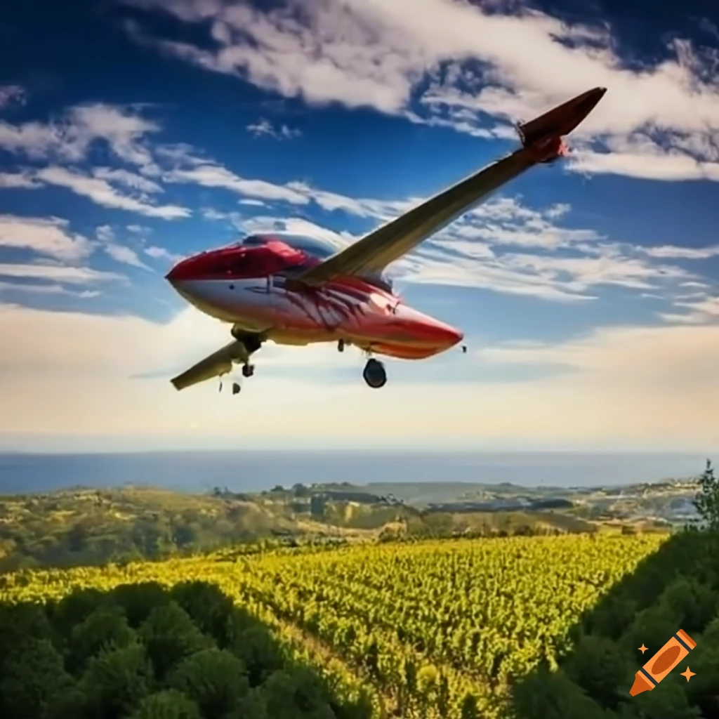 aerial view of a plane flying over a vineyard