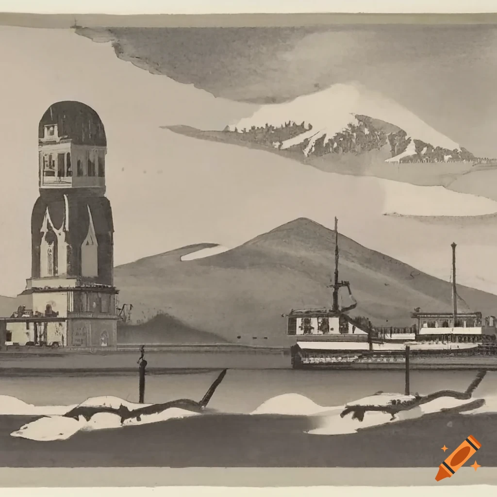 pictogram featuring snowy mountains, hanseatic ship, and Frauenkirche of Munich