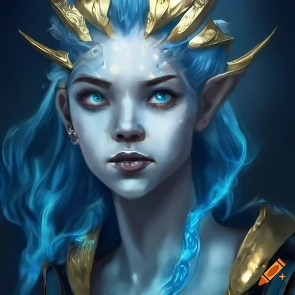 Fantasy portrait of a young girl with blue skin and golden armor on Craiyon