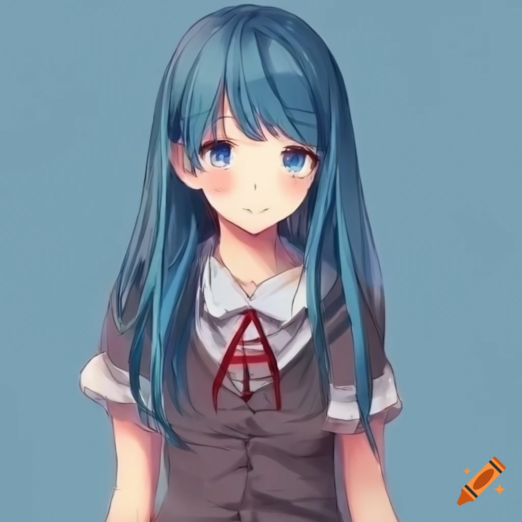 blue-haired anime schoolgirl with a smile
