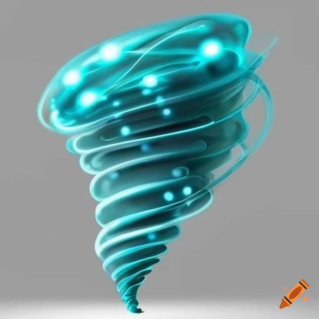 cartoonish depiction of a dazzling turquoise tornado