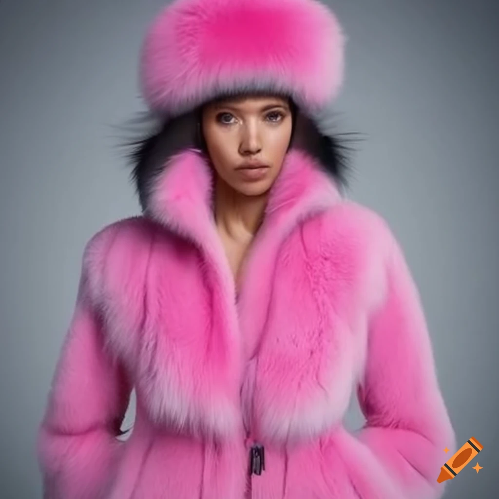 Pink fluffy ski suit with black fur hat on Craiyon