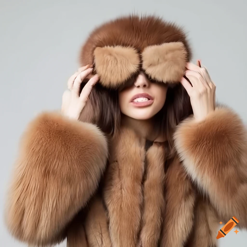 Woman in stylish fur coat with fur sleep mask on Craiyon