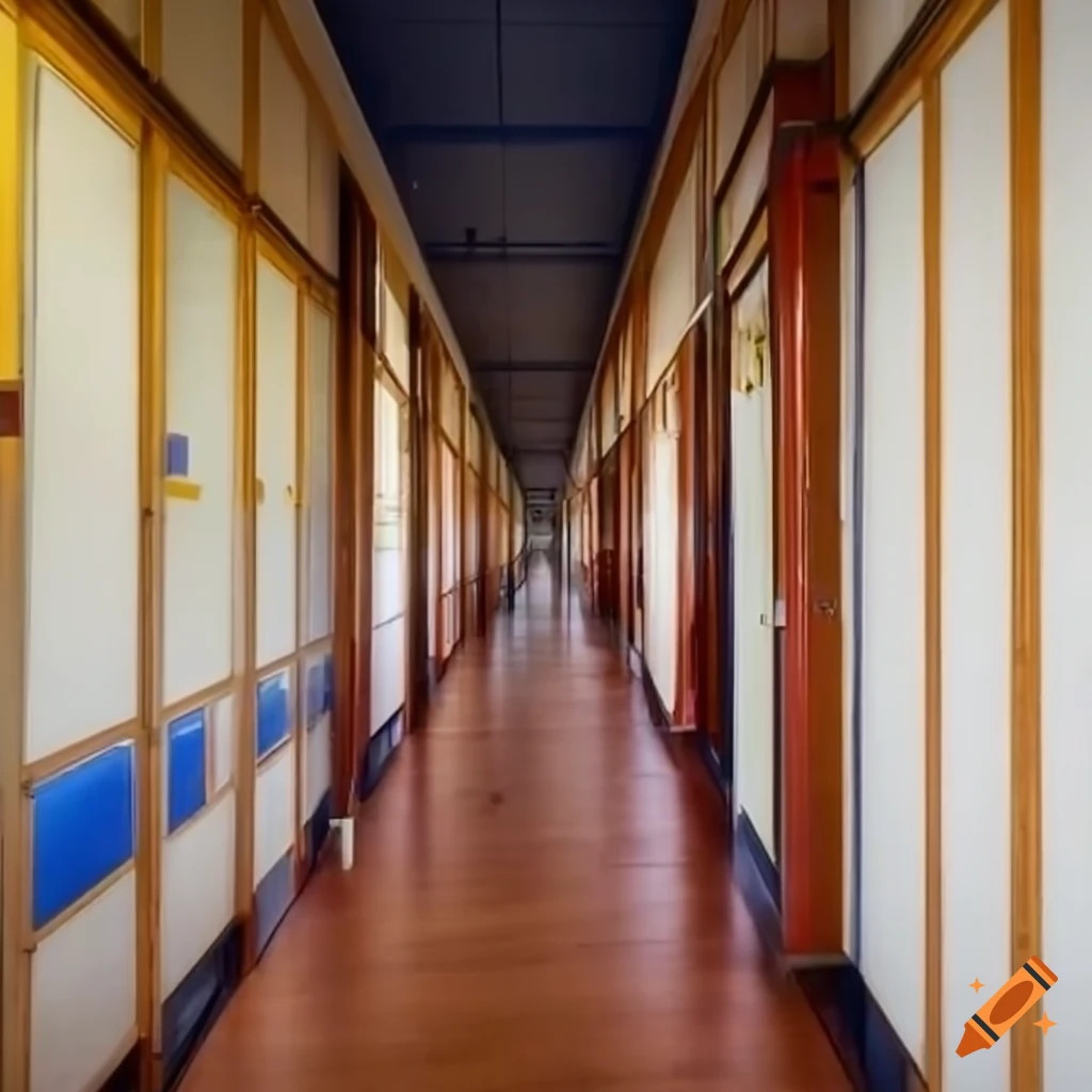 image of a school corridor with classrooms and a hall