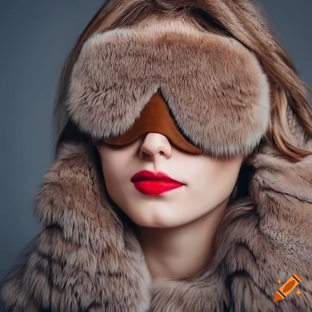 Woman in stylish fur coat with fur sleep mask on Craiyon